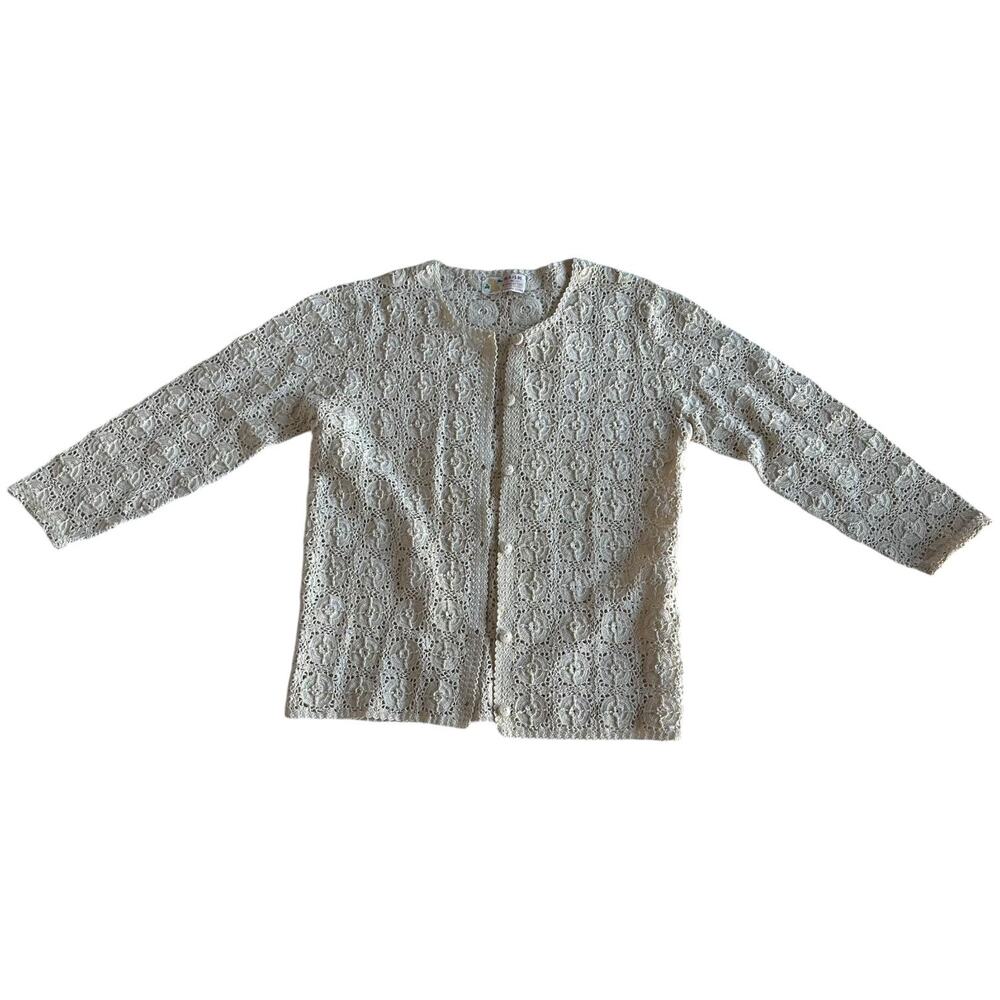 Vintage Cardigan Womens Size Medium Lace Crochet Button Up Cottage Girly Retro